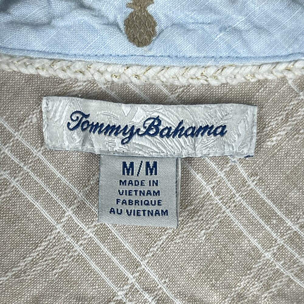 Tommy Bahama Linen Top Womens Medium Beige Plaid Short Sleeve Coastal Beachy - Picture 4 of 12